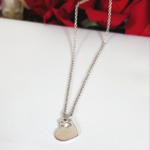 Silver Heart Paw Print Pendant Necklace 18" Chain - Picture 1 of 3